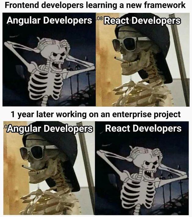 A Meme about Angular and React, about the dificulty of learning/using them in time