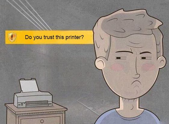 A funny meme where a man is asking himself: Do you trust this printer?