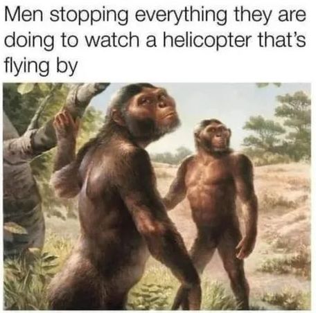 Mens will always stop from what they are doing to watch helicopters