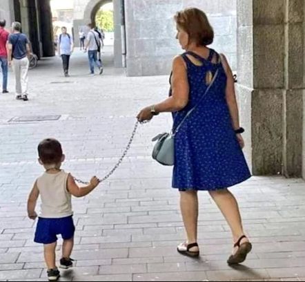 Mother keep child in leash, WTF category